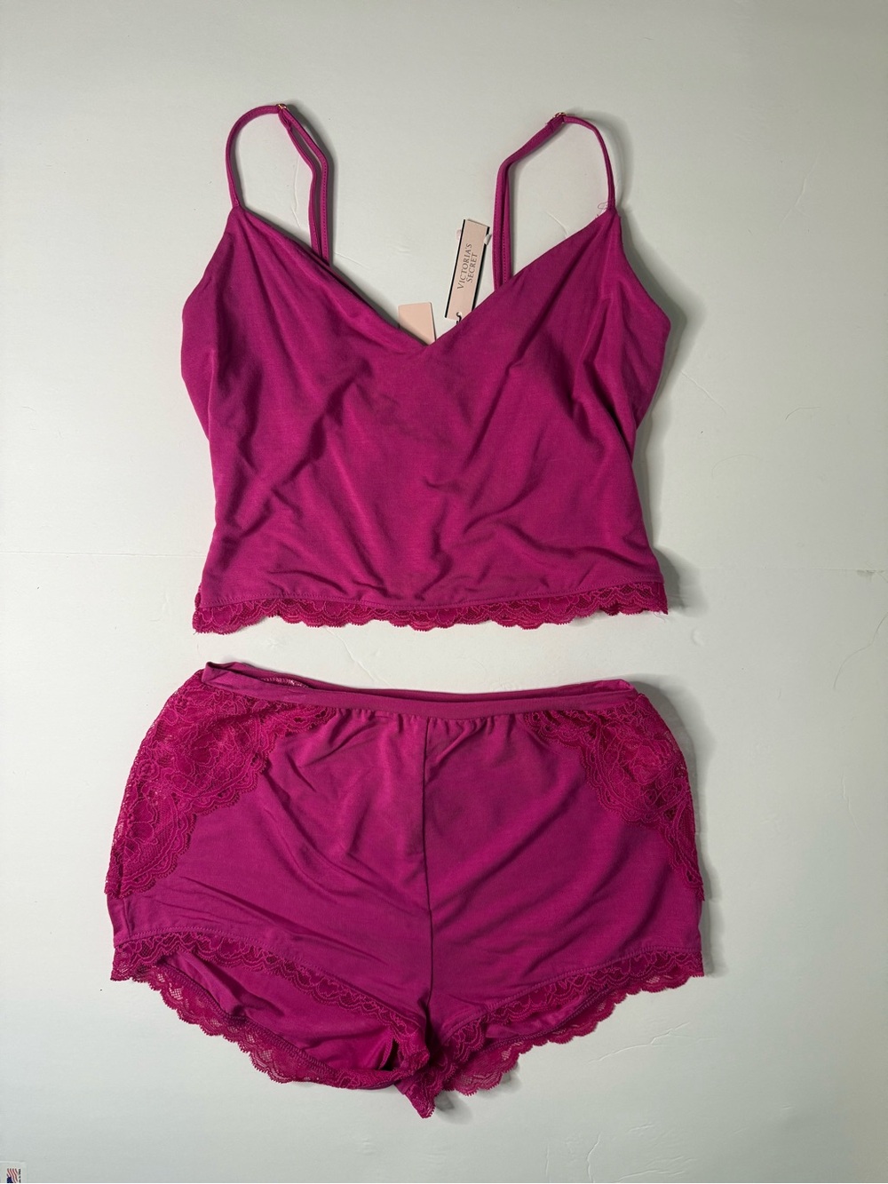 Victoria's Secret Velvet Fuchsia Lace Trim Cami & Shorts Set